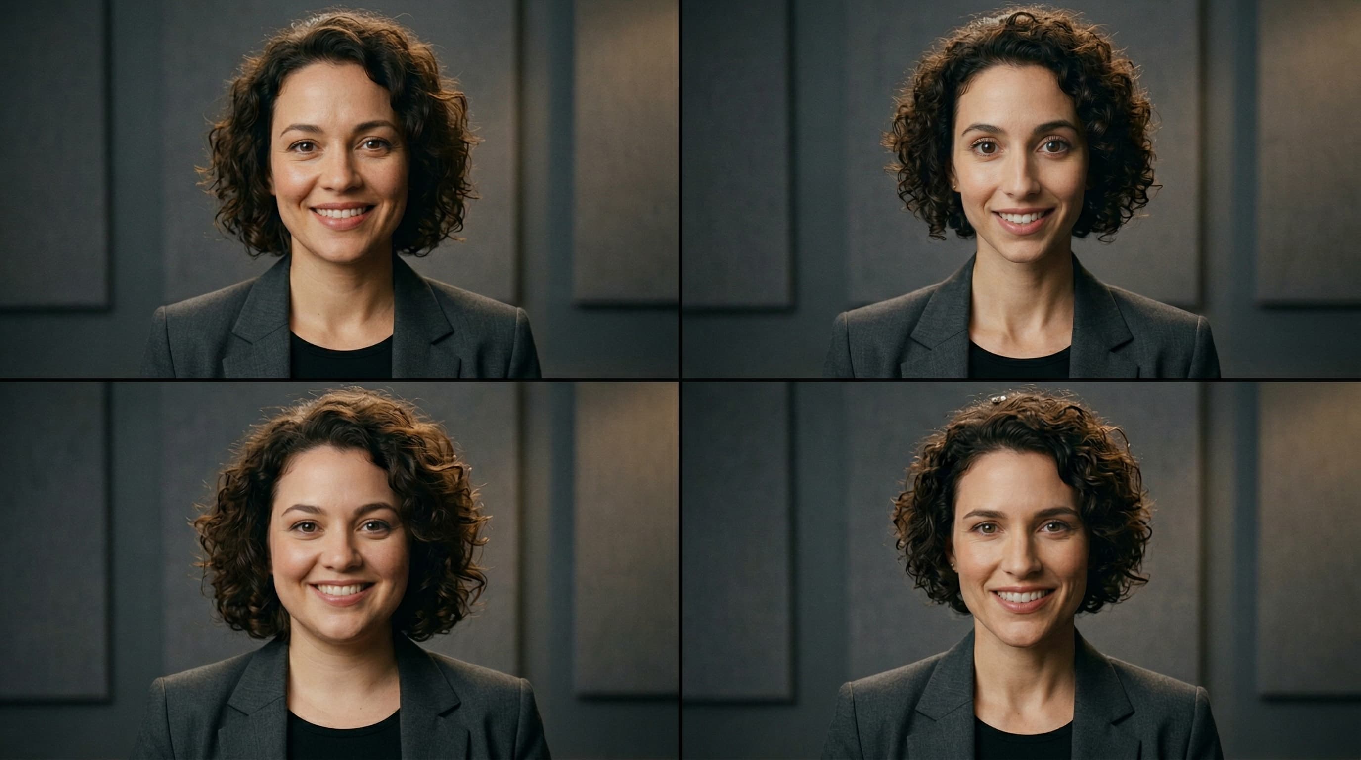 Four AI-generated faces from the same character description — each looks like a different person, illustrating the consistency problem