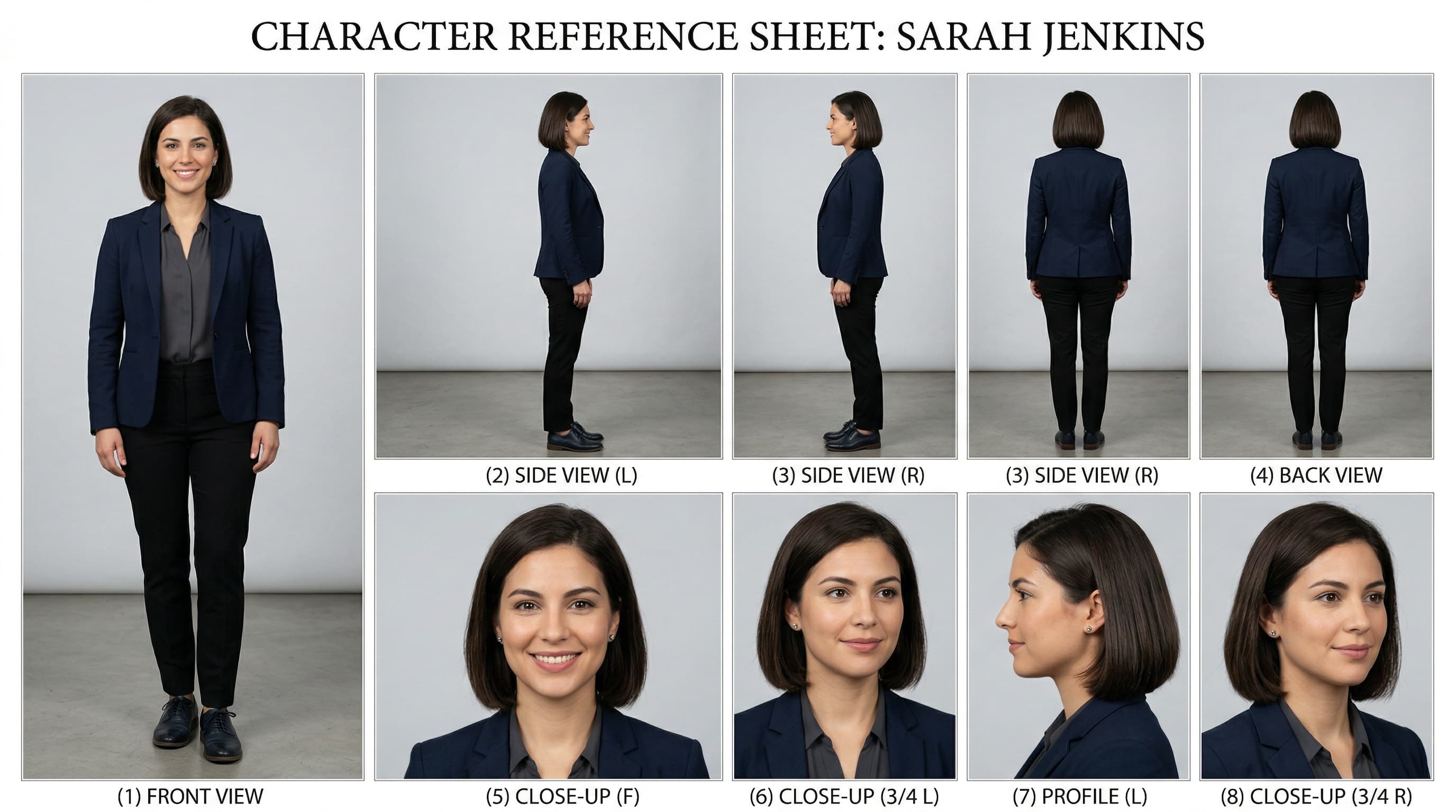 An 8-panel character reference sheet showing a woman from front, side, back, and close-up angles