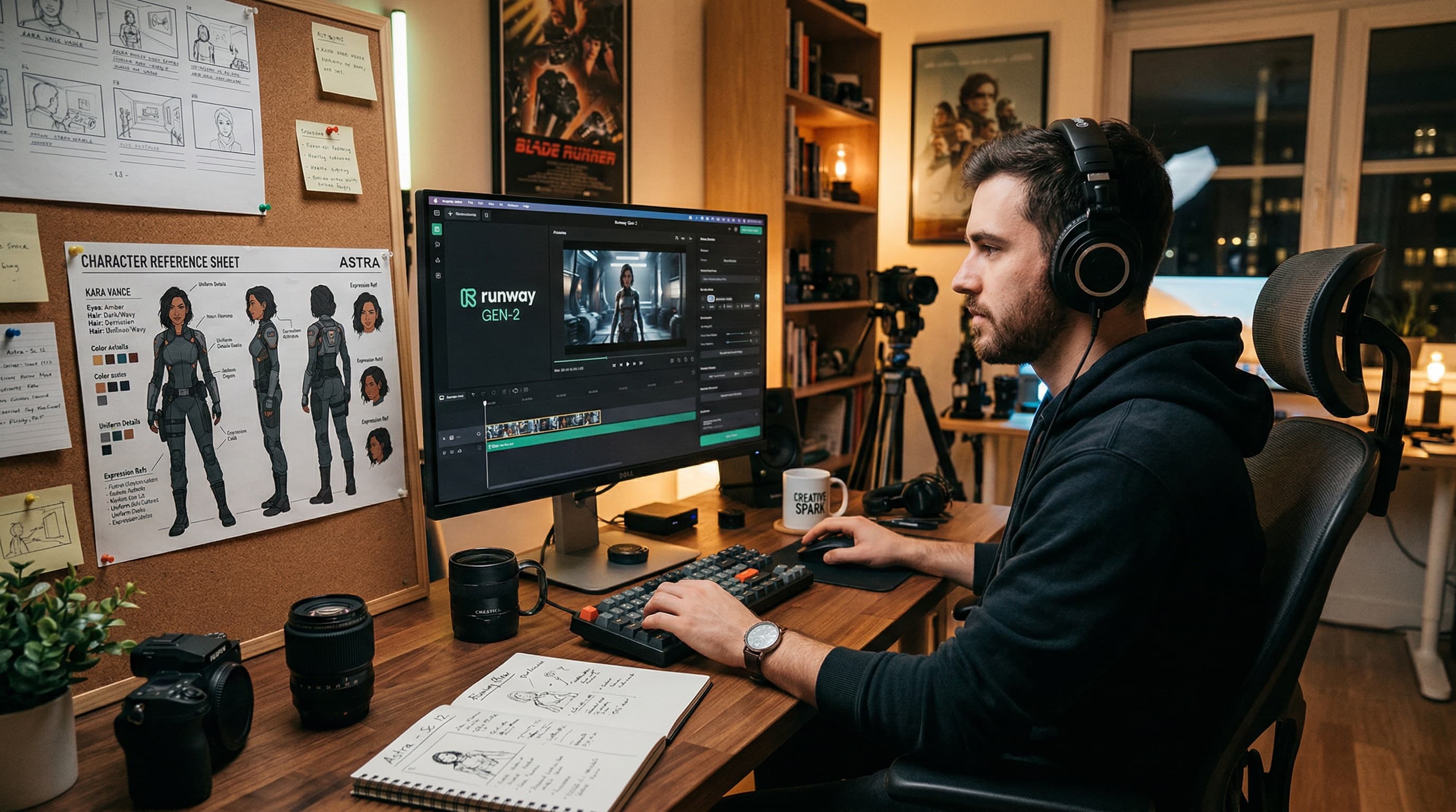 A filmmaker using Runway with a character reference sheet pinned next to the monitor